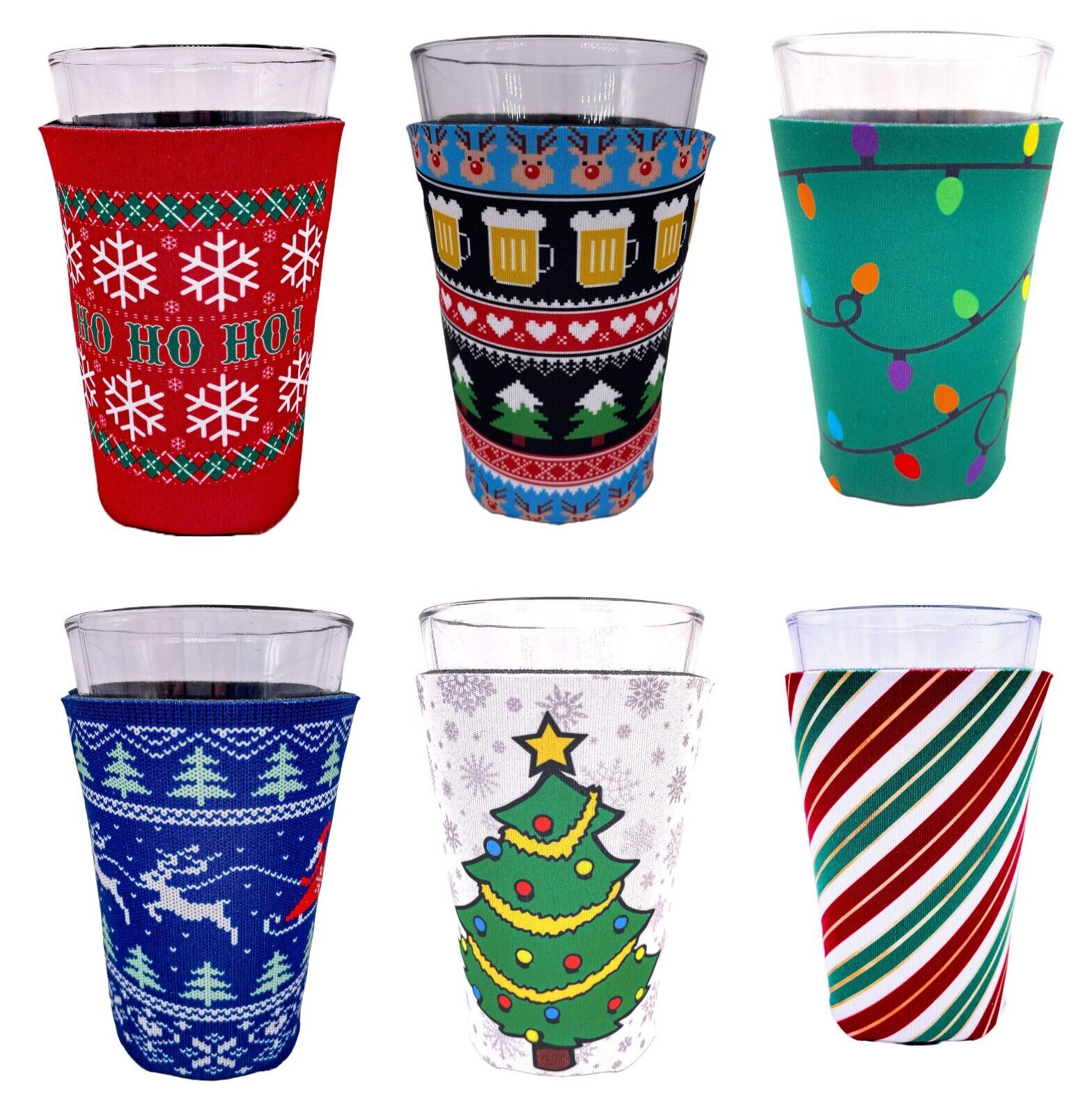 Christmas Holiday Pattern Pint Glass Coolie Variety 6 Party Pack
