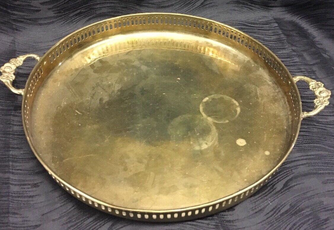 Vtg Reticulated Round Brass Tray with Ornate Flower Handles Hollywood Regency