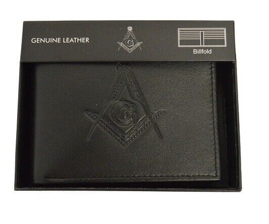 Masonic Black Leather Bi-Fold RFID Wallet Mason Embossed Square and Compasses
