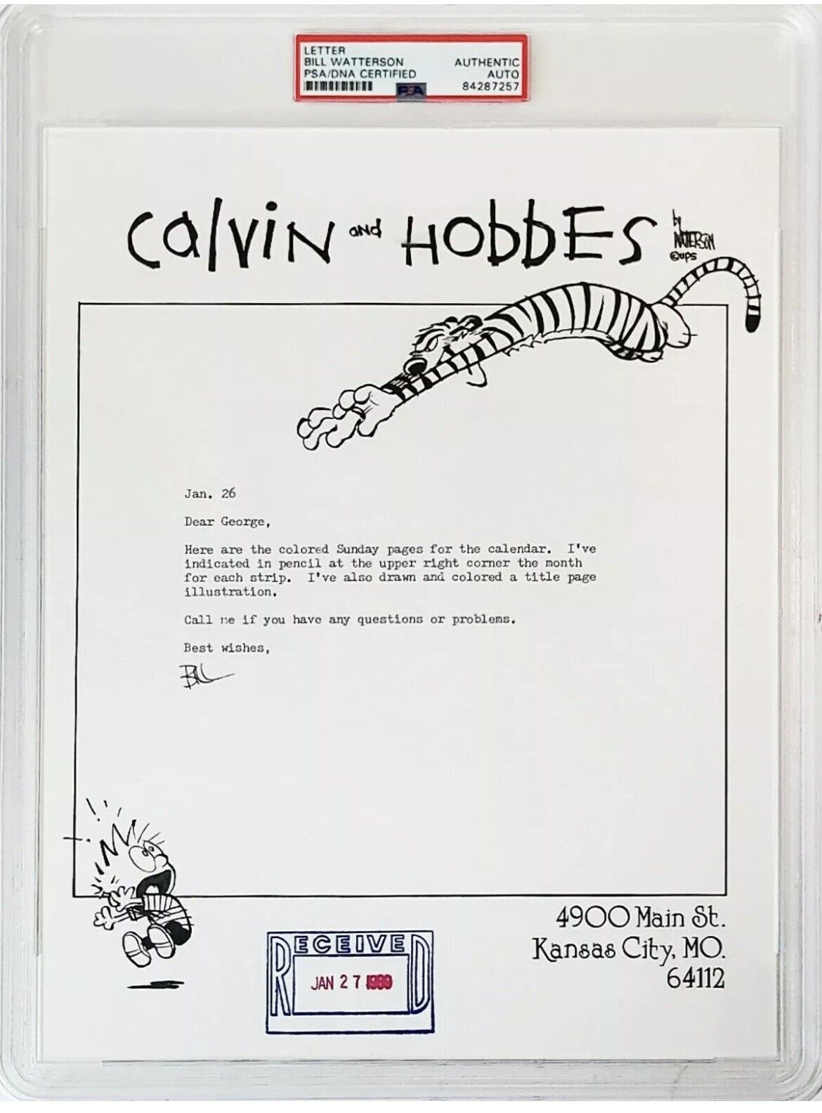 BILL WATTERSON 1989 Signed Calvin & Hobbes Calendar Letter PSA DNA Certified