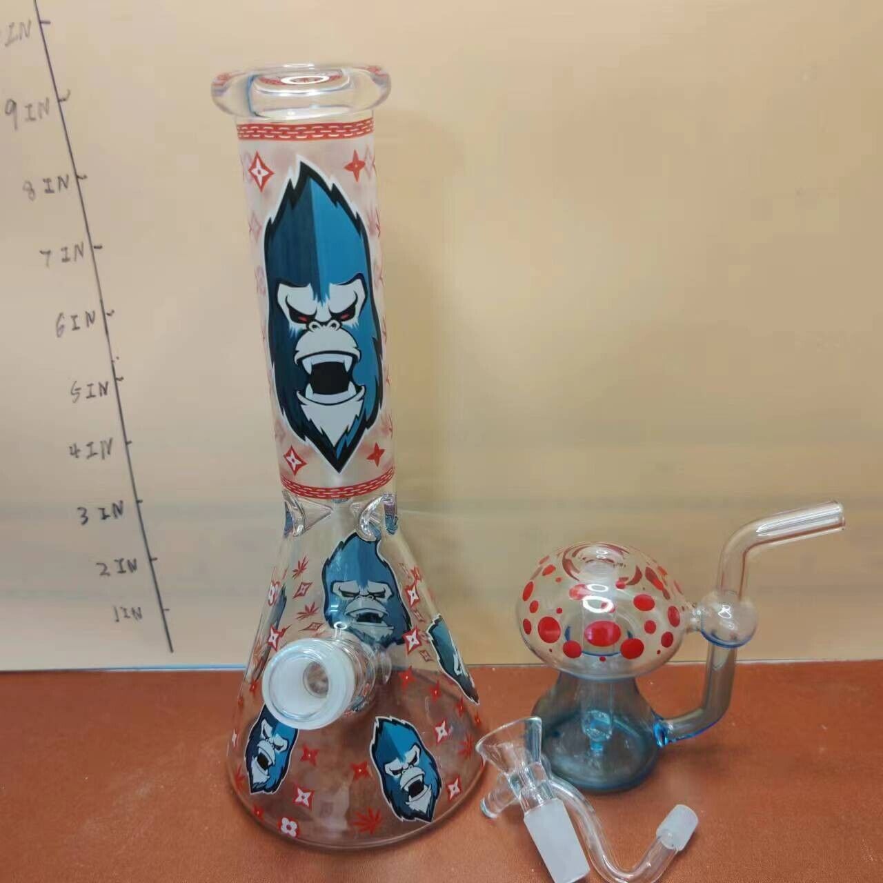 Glow 9\'\' Angry Monkey Gorilla Glass Beaker Bong Hookah Water Pipe  +Blue Bubbler