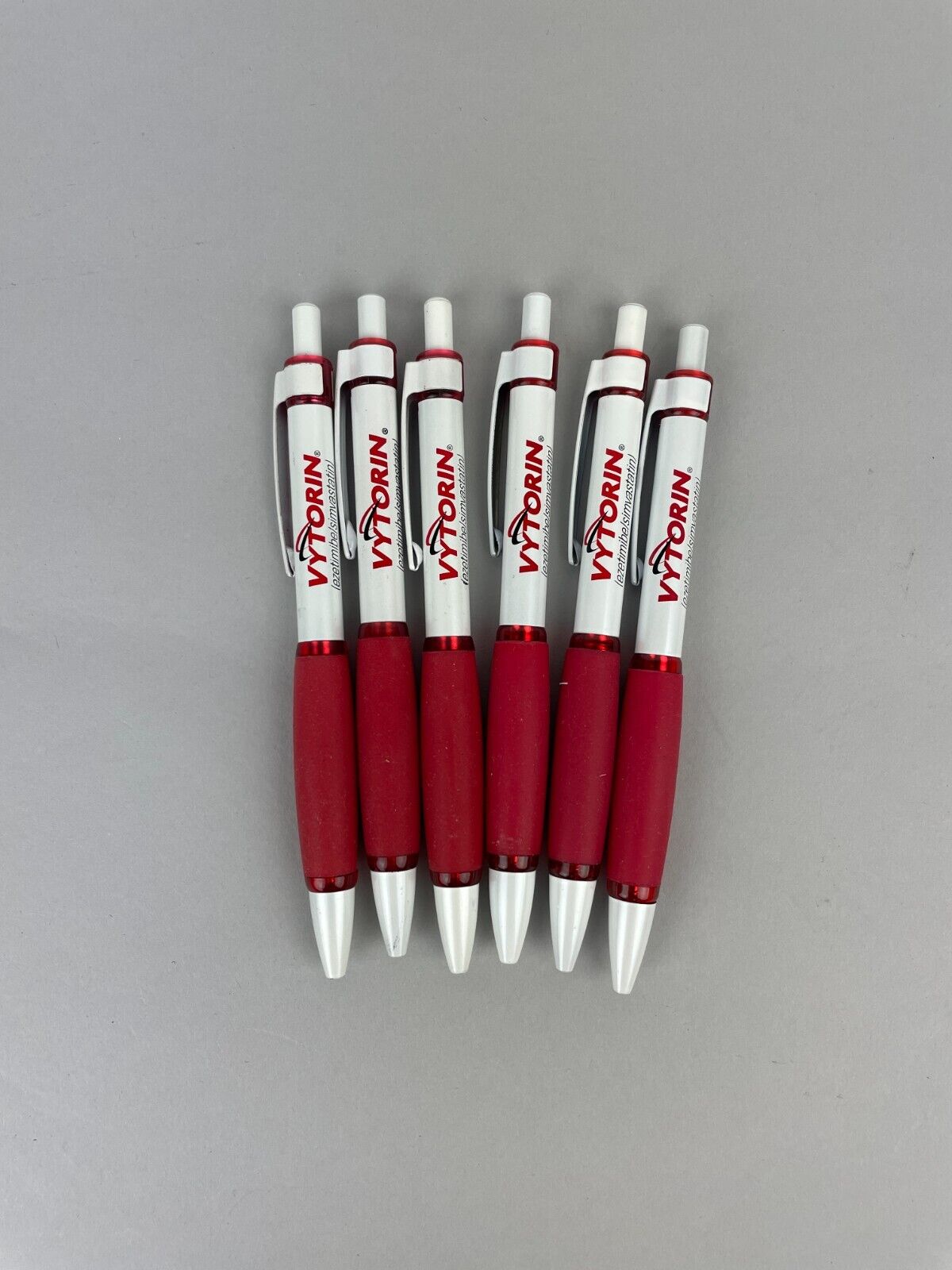 Lot 6 Vytorin Drug Rep Pens Pearl White Red Rubber Grip Clicker Style
