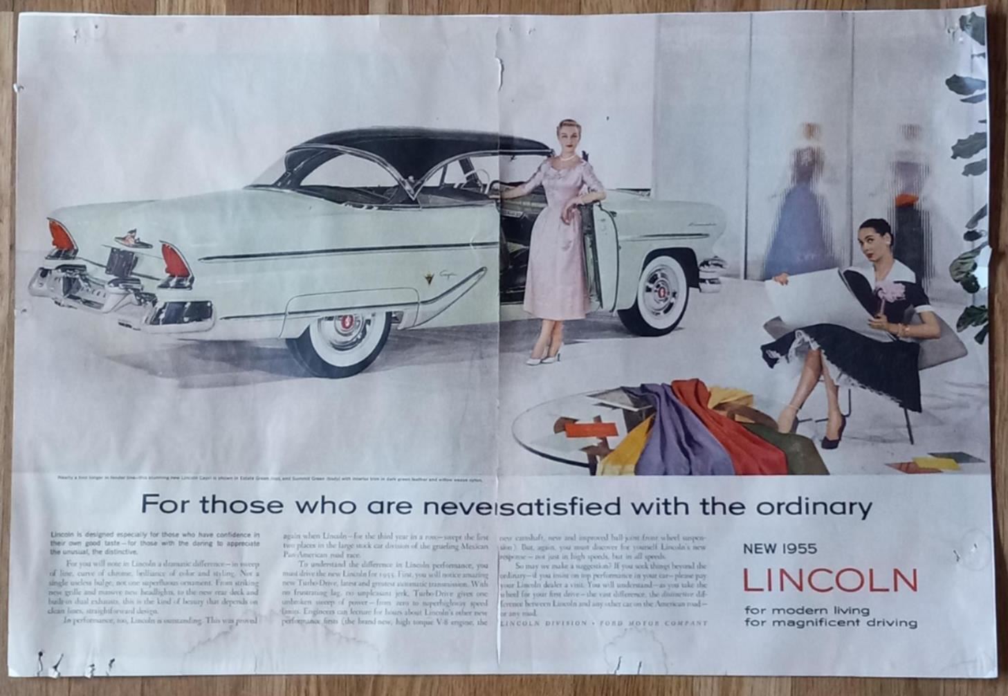1955 LINCOLN CAPRI DOUBLE PAGE PRINT AD VINTAGE ADVERTISMENT