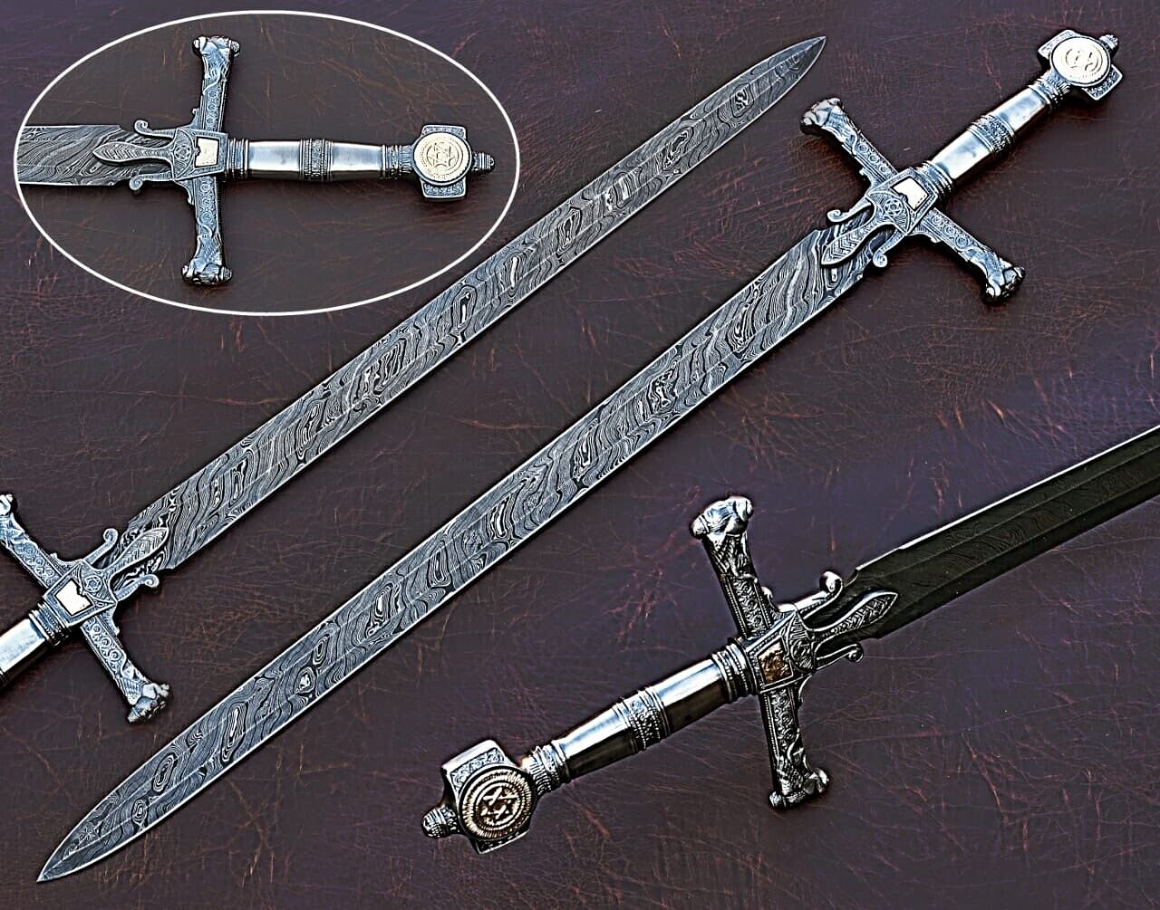 Damascus Steel King Solomon Sword/David Sword With Leather Sheath.