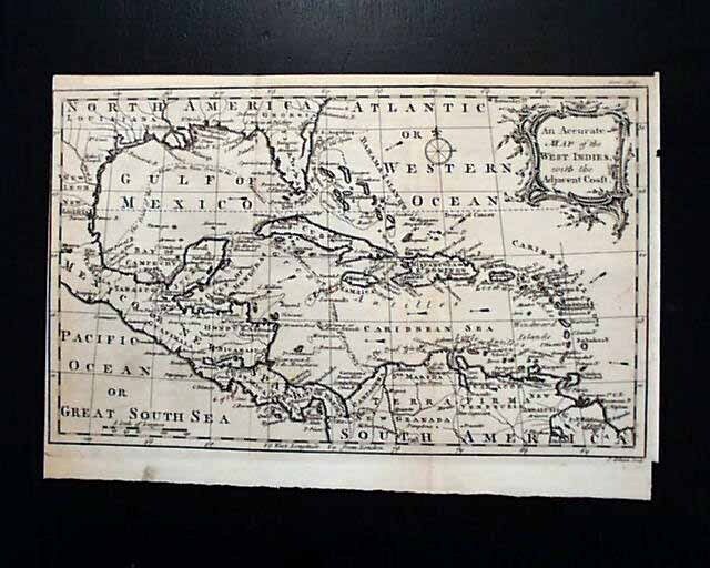 Rare & Early SOUTHERN AMERICA Florida Gulf Coast & West Indies MAP 1762 Magazine