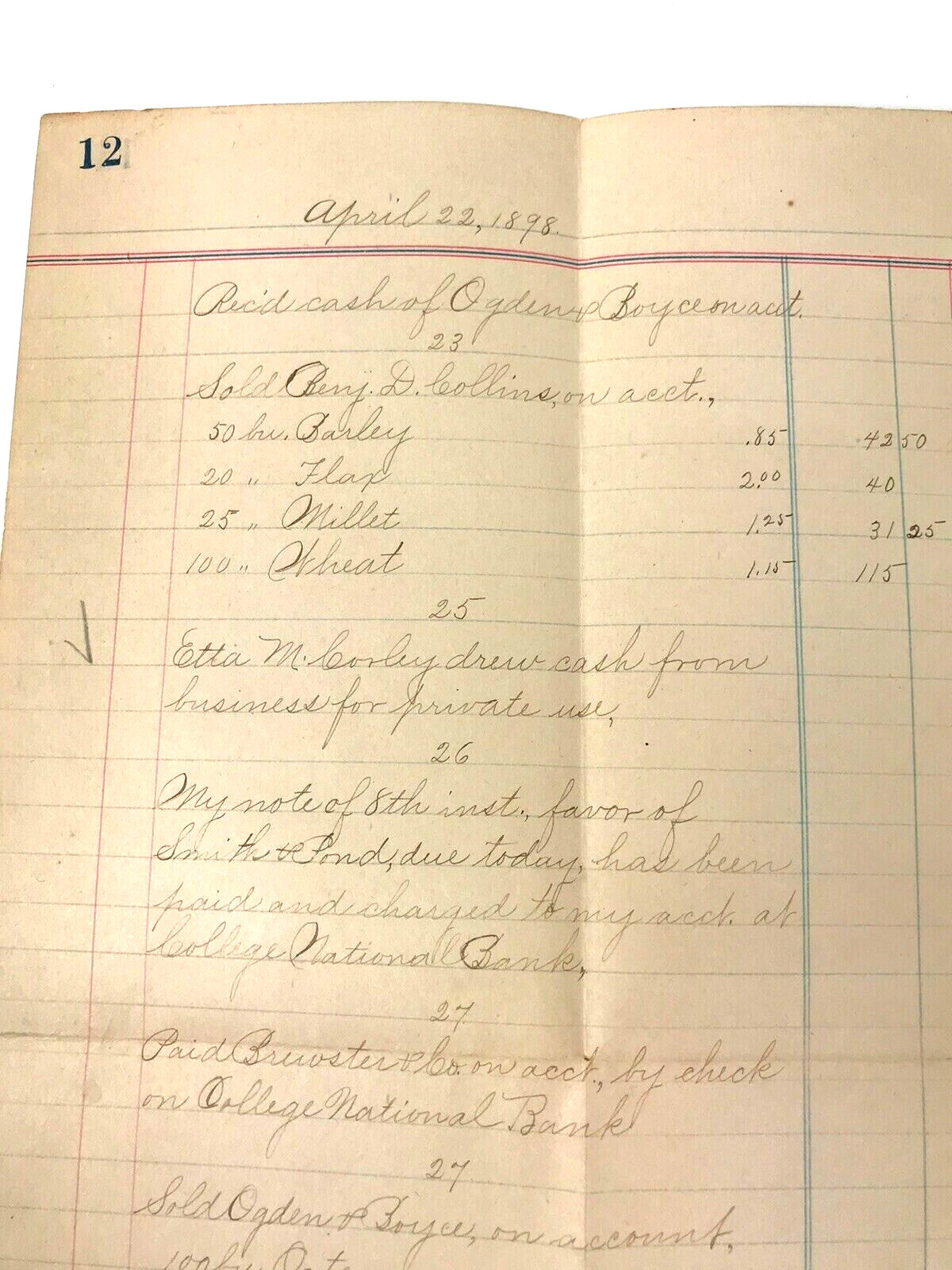 Antique Ledger Page 1898 Farming Clover Seed Millet Flax College National Bank
