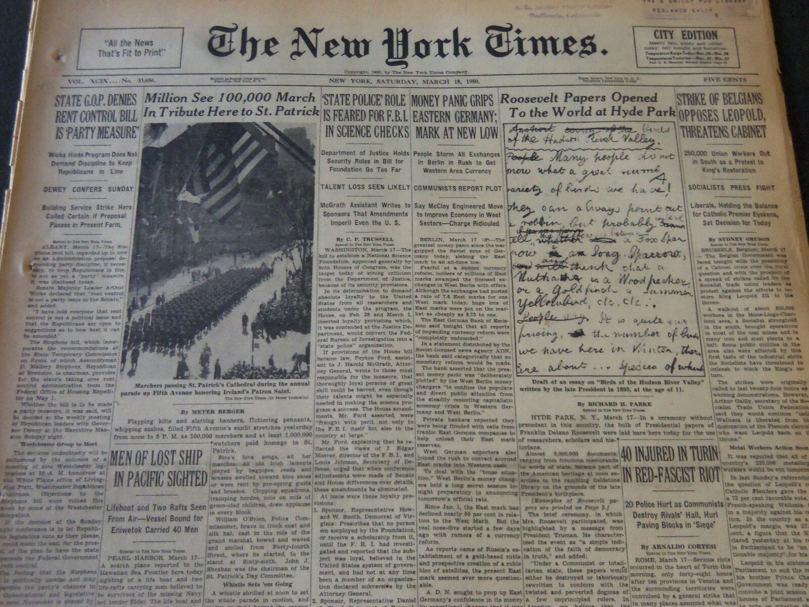 1950 MARCH 18 NEW YORK TIMES - ROOSEVELT PAPERS OPENED AT HYDE PARK - NT 5970
