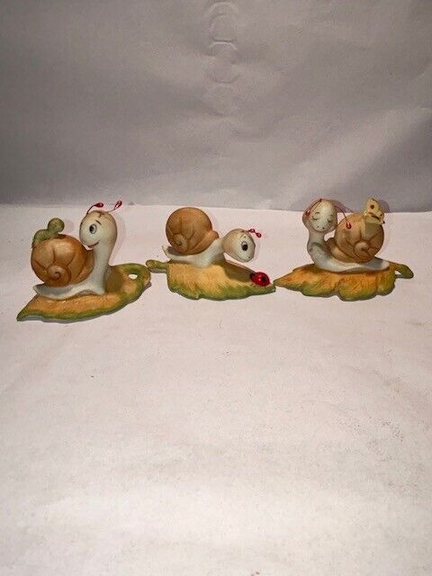 3 Vintage Homco 8902 Anthropomorphic Snails on Leaves Figurines