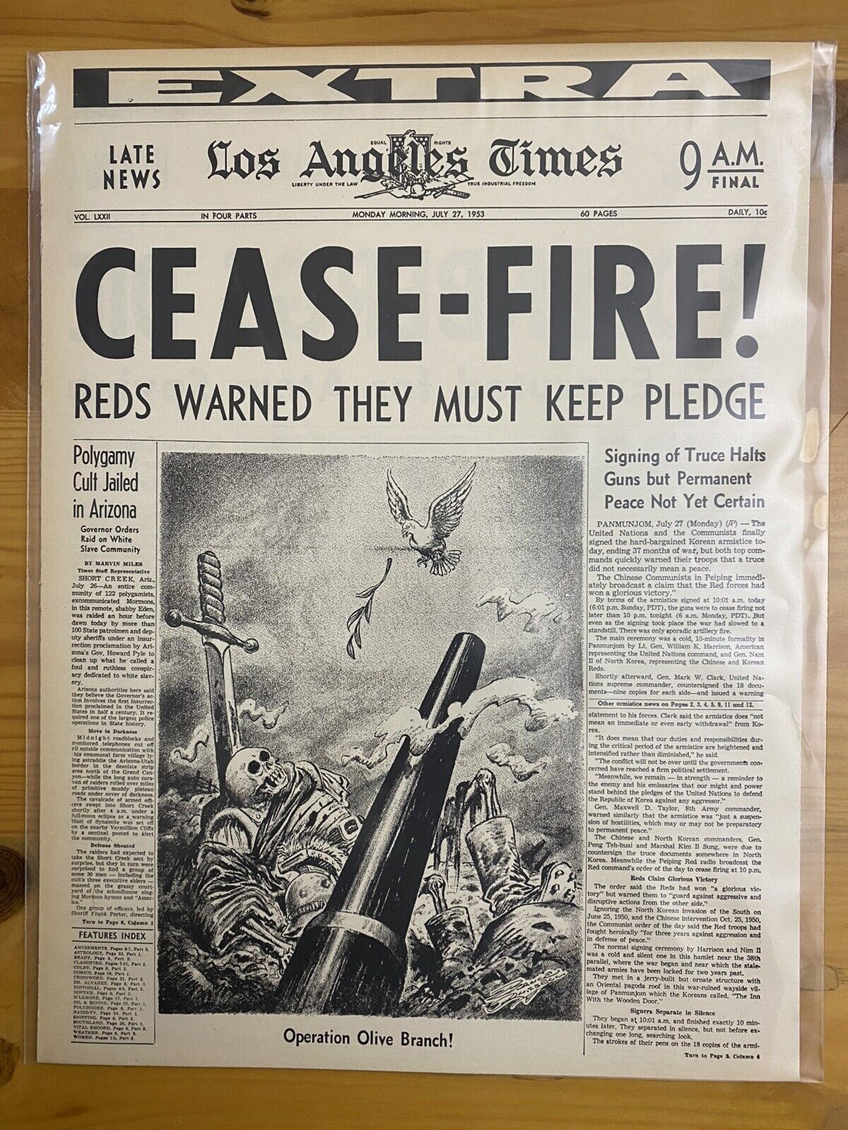 VINTAGE NEWSPAPER HEADLINE ~ KOREA ARMY BATTLE CEASE-FIRE~ KOREAN WAR ENDS 1953