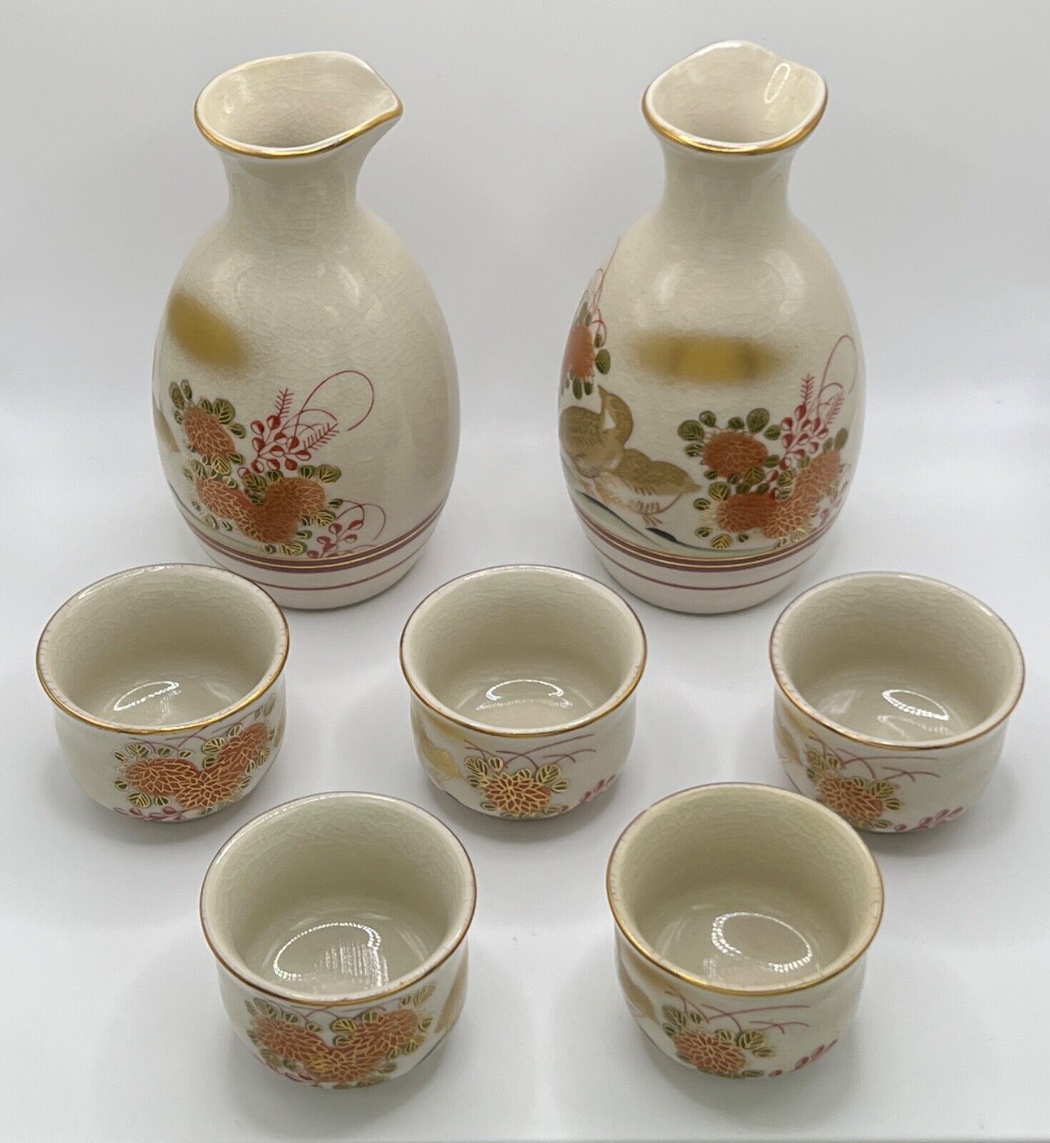 Vintage Japanese Sake Set 7 piece Gold Quails