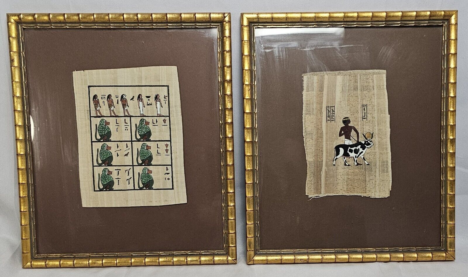 Vintage Pair (2) Ancient Egyptian Hand Painted Papyrus of King Tut Tomb Murals