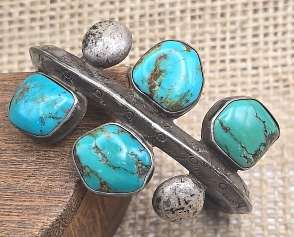 Old Pawn Sterling Silver Turquoise Cuff Mid Century Modern Abstract Chunky 6\