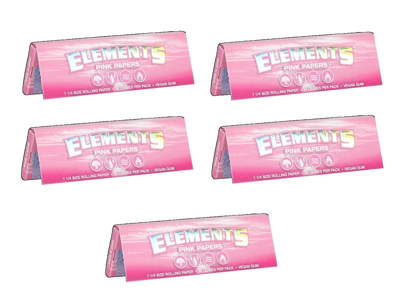 5 PACKS of New ELEMENTS PINK  1 1/4 SIZE Rolling Papers Ultra Thin