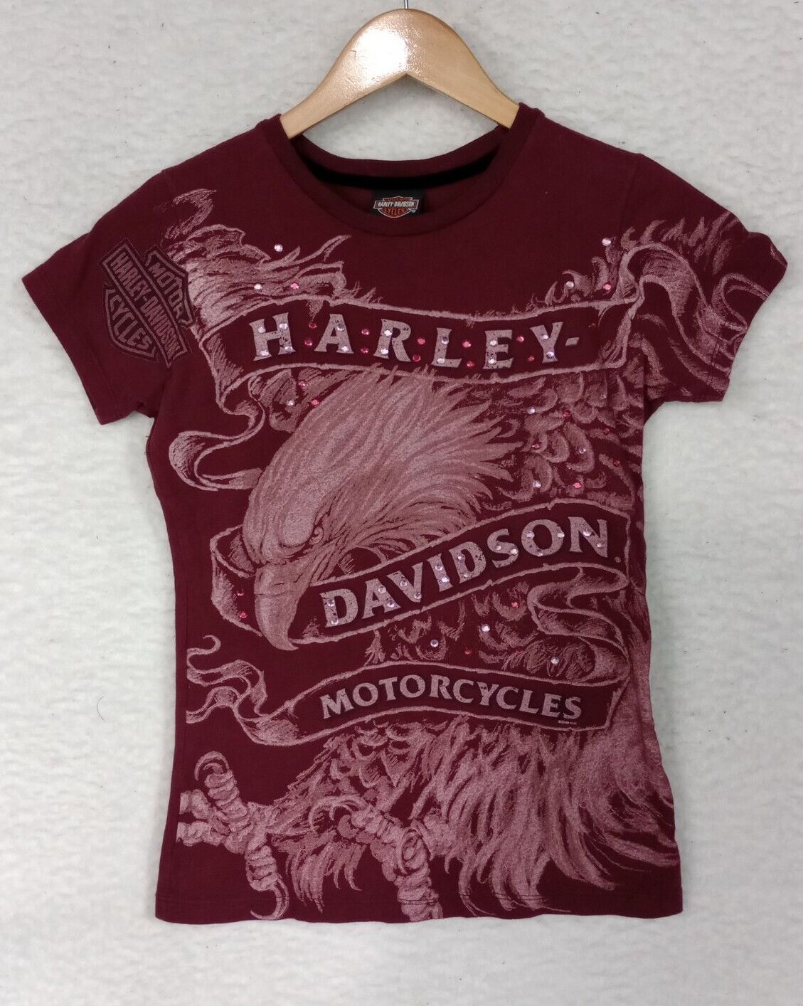Harley Davidson Short Sleeve Burgundy Shirt Motorcycle Eagle Women\'s Size M USA