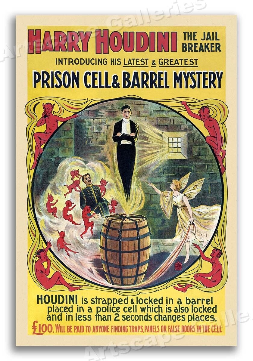 Harry Houdini Locked Barrel Escape 1905 Vintage Style Magic Poster - 16x24