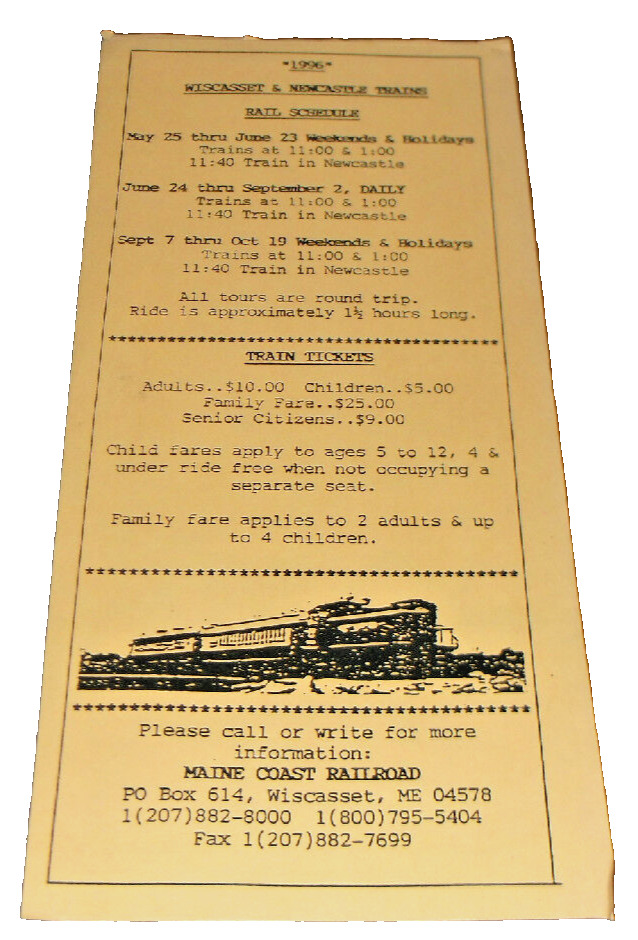 1996 MAINE COAST RAILROAD  TIMETABLE 