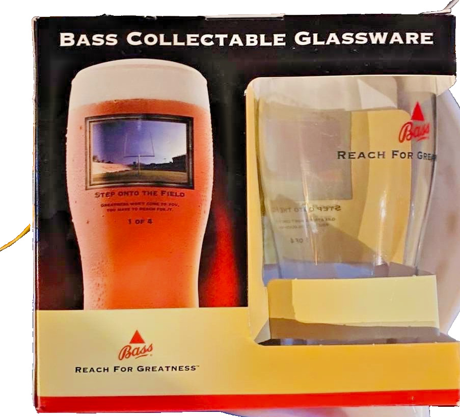 4 Bass Ale Glasses Collectible Reach for Greatness 20 oz NEW IN BOX (s)