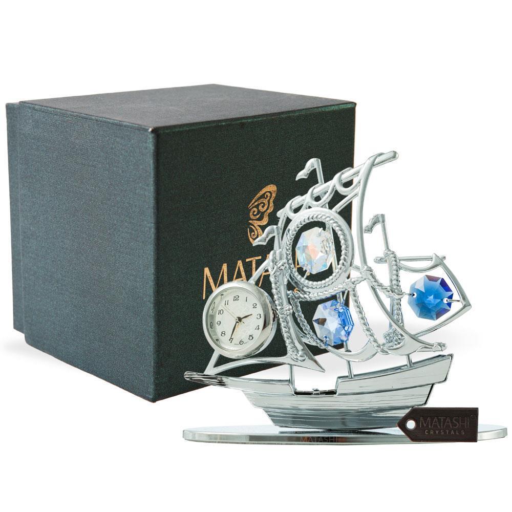 Chrome Plated Silver Sailboat Tabletop Ornament with Clock with Matashi Crystals