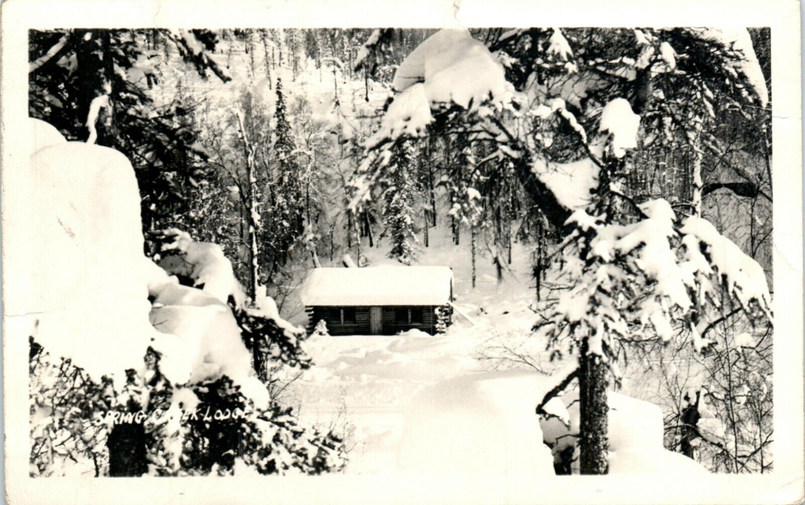 RPPC Spring Creek Lodge Alaska Anchorage Real Photo Postcard Snow Winter APO 942