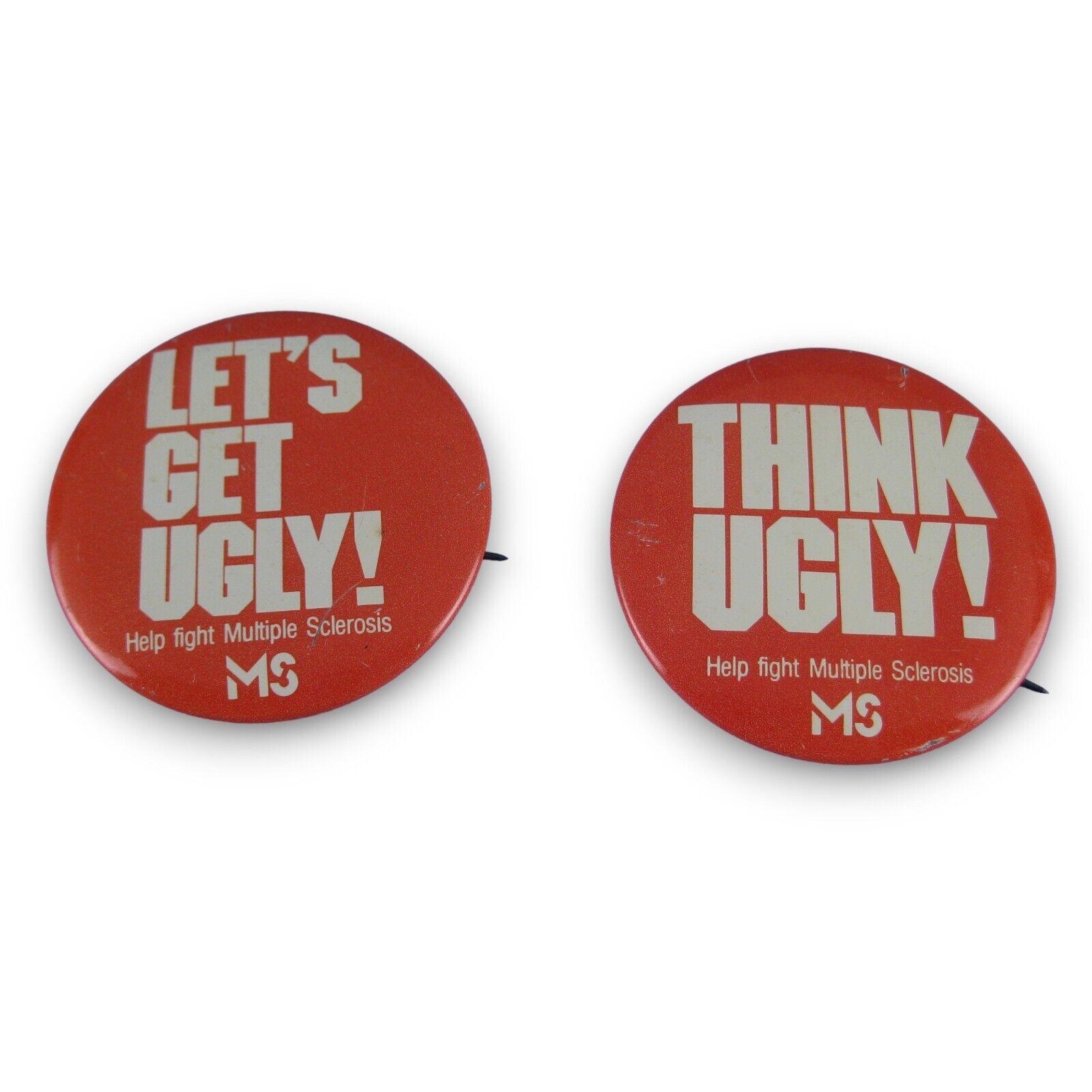 Multiple Sclerosis Fight MS Let's Get Ugly Think Ugly Pinback Button Lot 2 Red