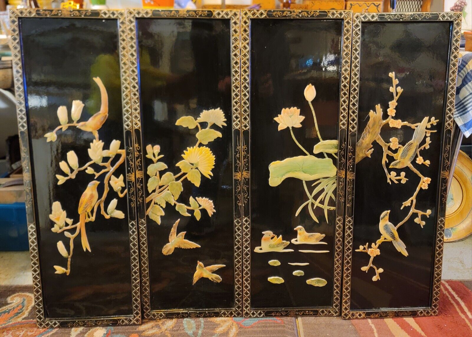 Antique Oriental Black Lacquer Wall Panels 4pc Set Mother of Pearl Floral Birds