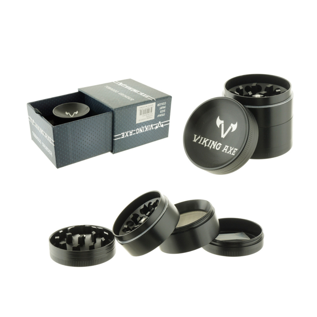 Black Viking Axe 4-Piece Tobacco Grinder 63mm - Crush Your Herbs Like a Warrior