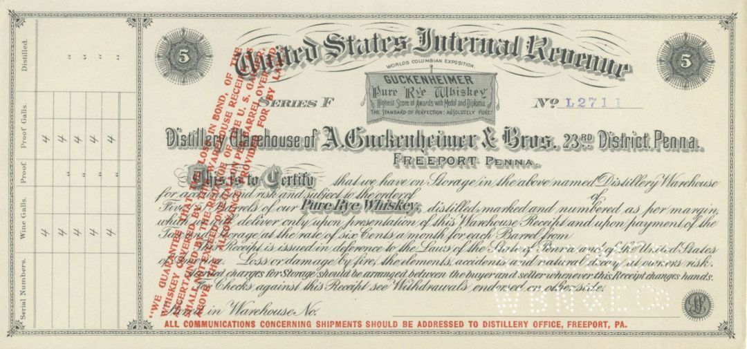 United States Internal Revenue Certificate - American Bank Note Specimen - Ameri