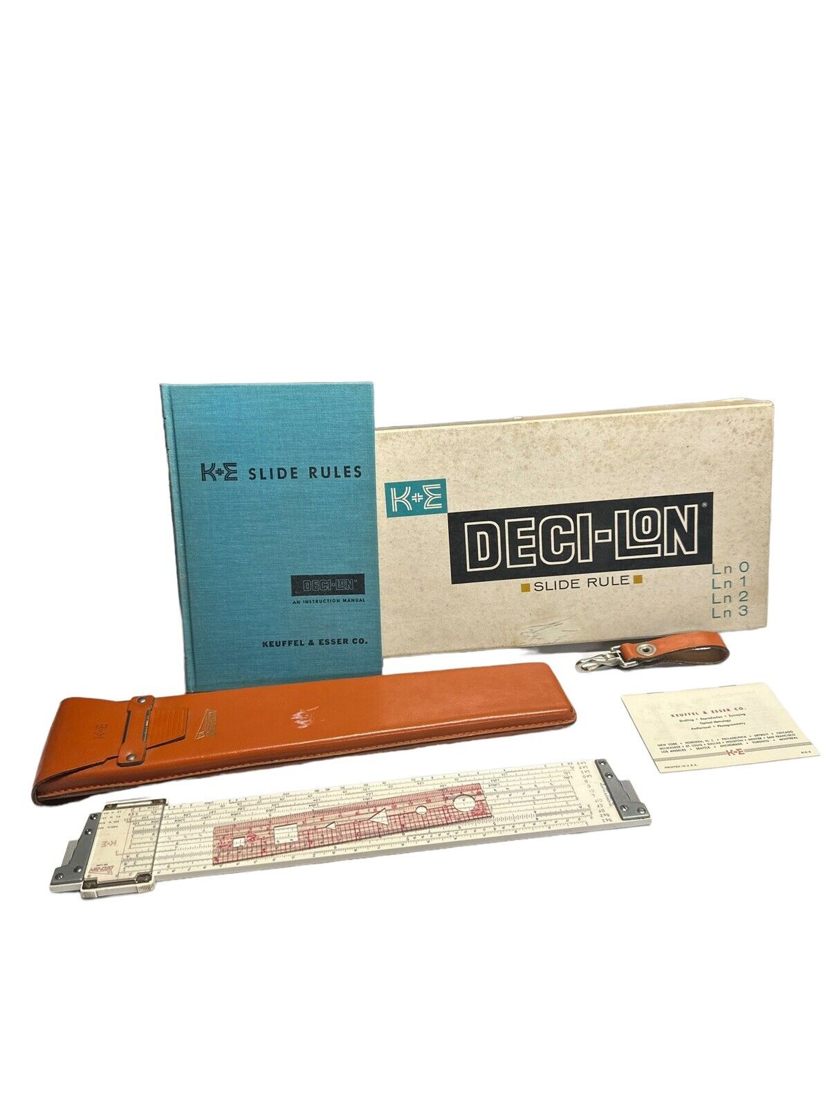 Keuffel & Esser Co. K+E Deci-Lon 68-1100 Slide Rule, Leather Case, Original Box