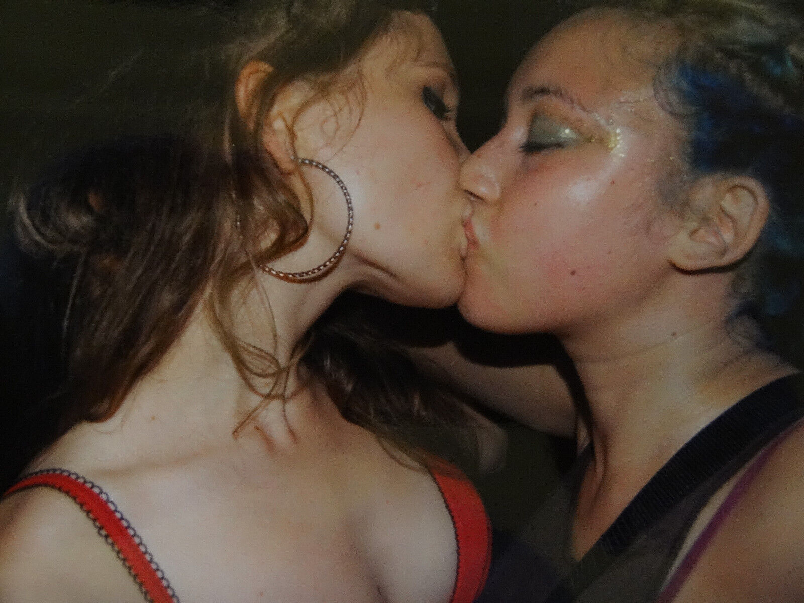 Vintage Found Photo Woman Girls Kissing 2000s Rave Busty Lesbian Interest GAY