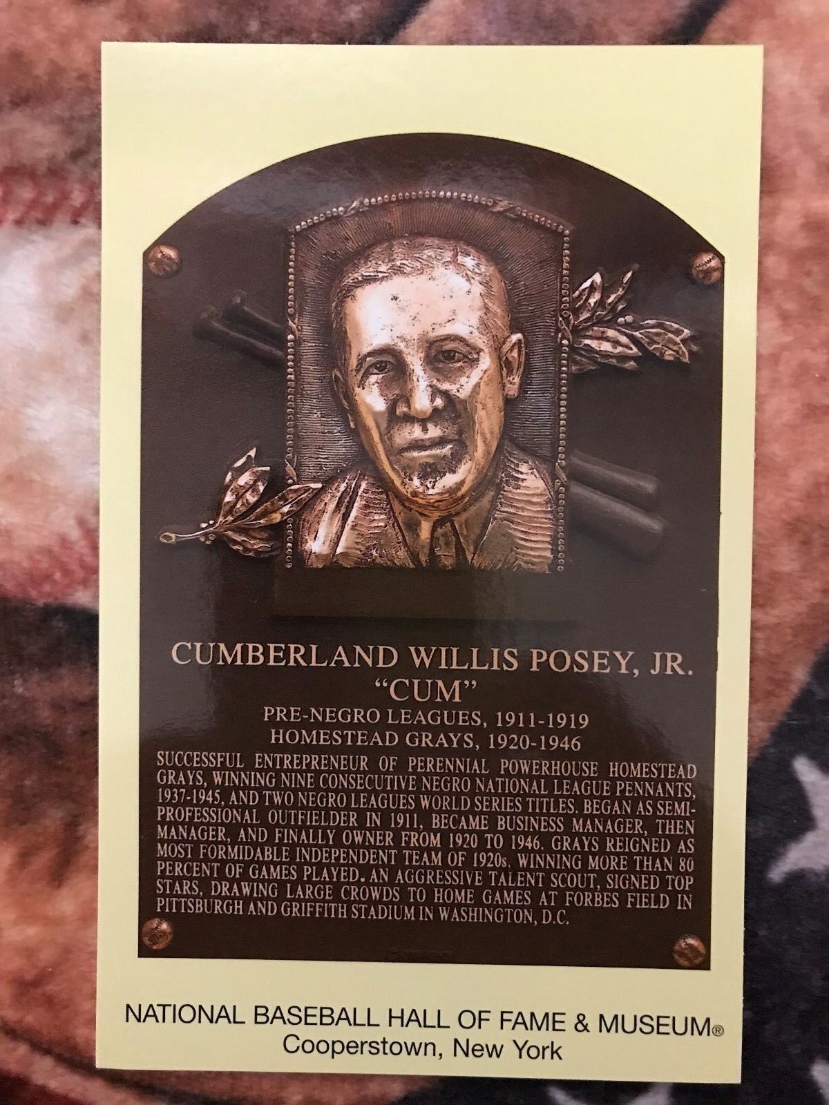 Cum Posey Postcard- Baseball Hall of Fame Induction Plaque - Cumberland Photo