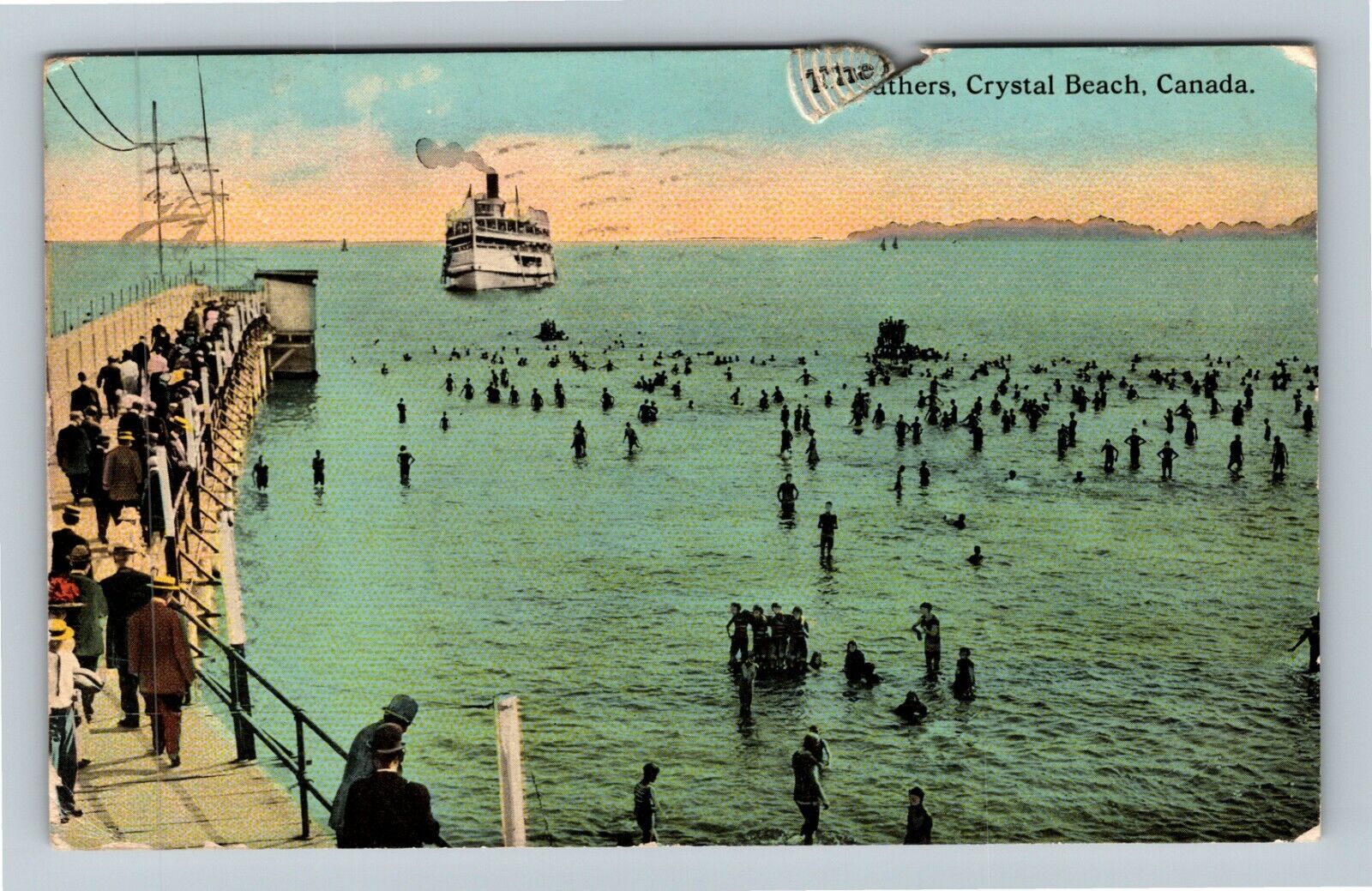 Crystal Beach Canada, Steamer Ship Pier Visitors Swimming Vintage c1912 Postcard