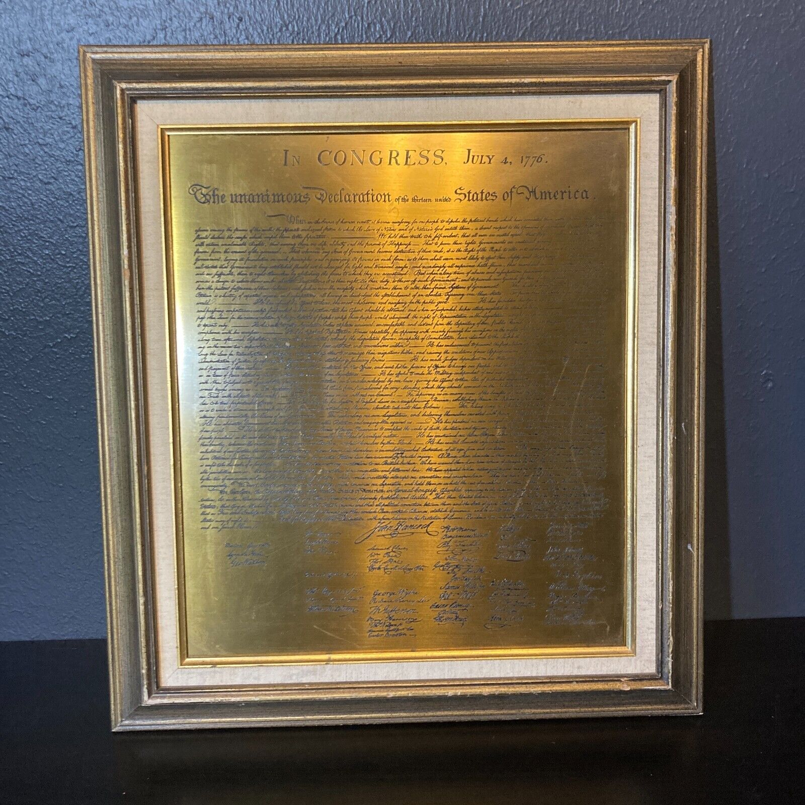 Vintage Declaration of Independence Engraved Brass Plaque Framed 17x19in Display