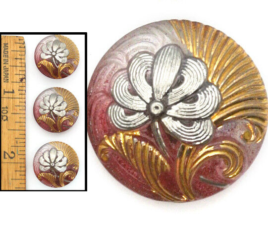 18mm Vintage Czech Glass Pink Japanese GINKO FLOWER Buttons Silver Gold 3pc