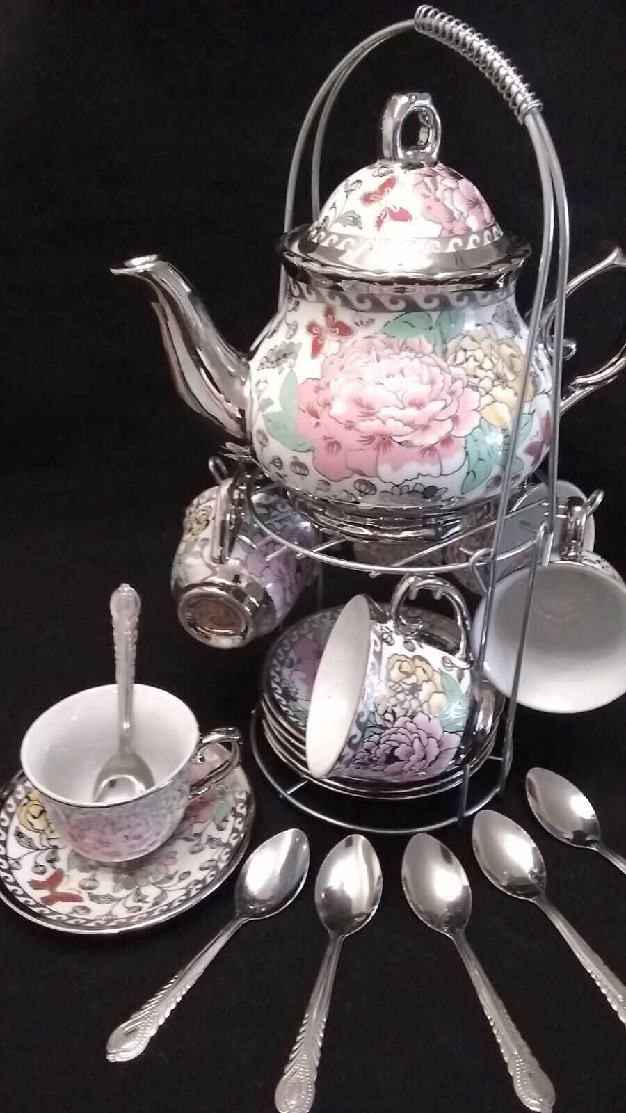 20 Piece Tea Set Pot 6 Cup Saucer Rack Silver Multi Cup Floral Holiday Party 