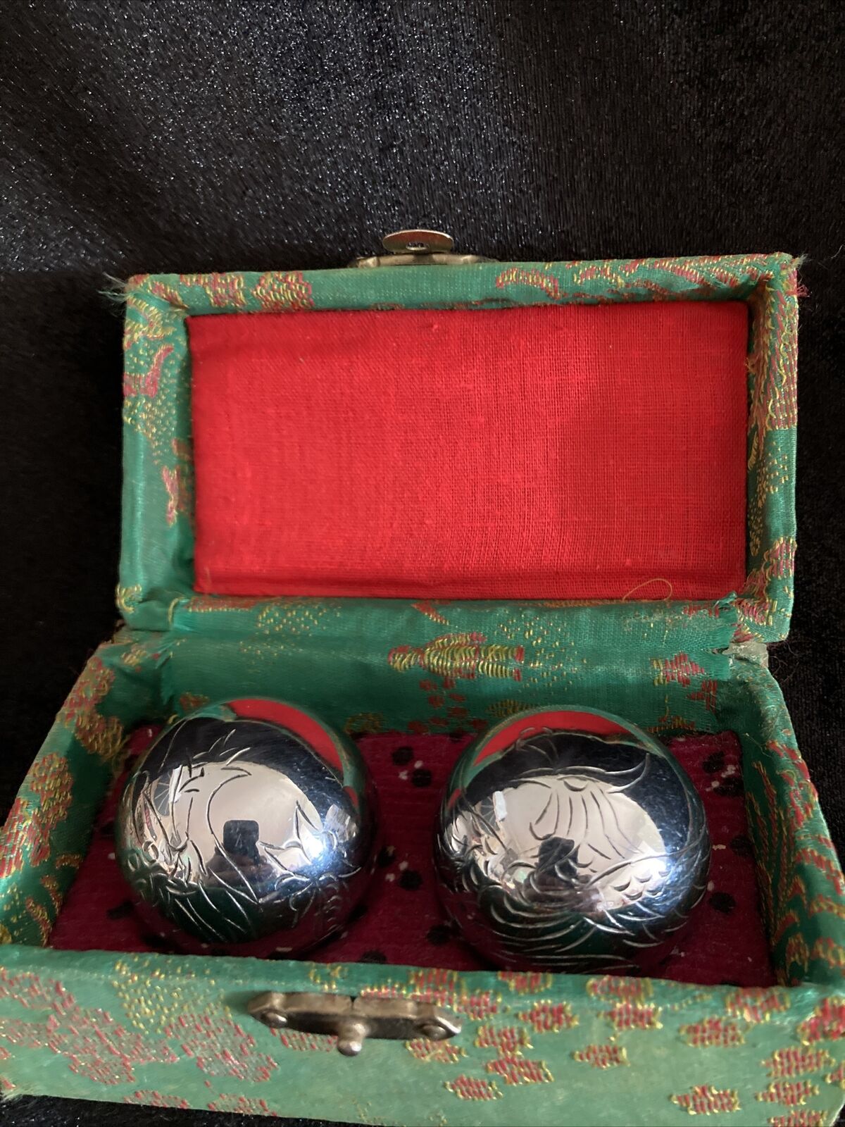 Vintage Zen Chinese Stress Balls Silver Engraved With Birds Original Box