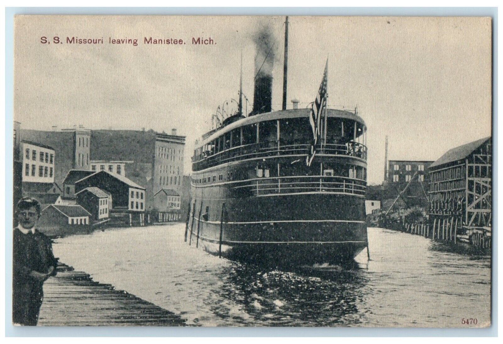 c1910 S.S. Missouri Leaving Steamer Ship Canal Manistee Michigan MI PCK Postcard
