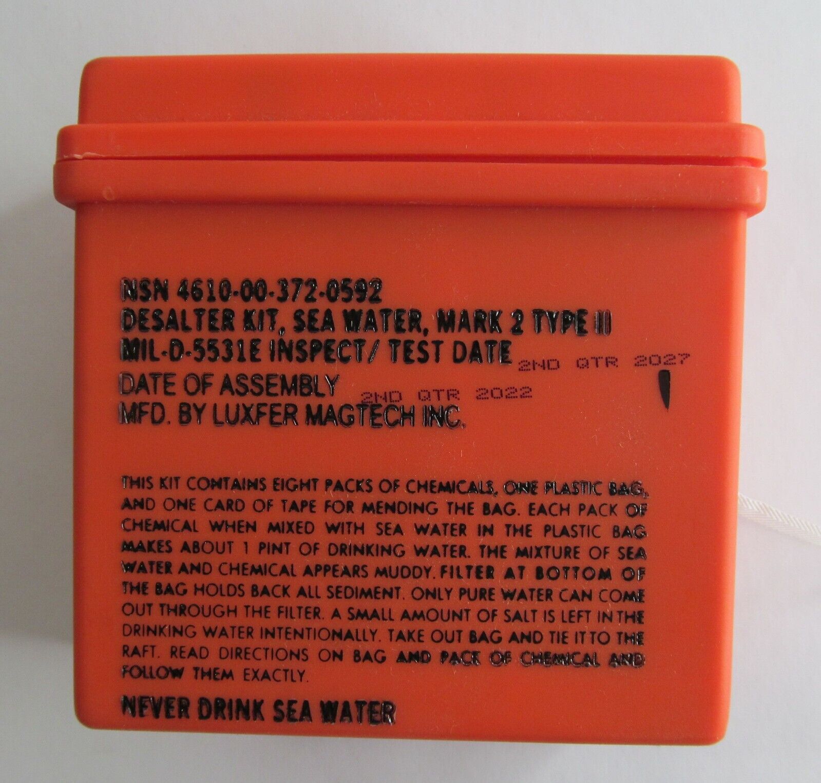 NSN 4610-00-372-0592 IONIC SEA WATER DESALTER/ SURVIVAL KIT MILITARY/ USAF 2022