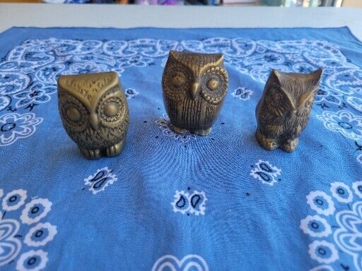 Vintage Mid Century modern Cast Brass 3 Owl Figurines Paperweights 2