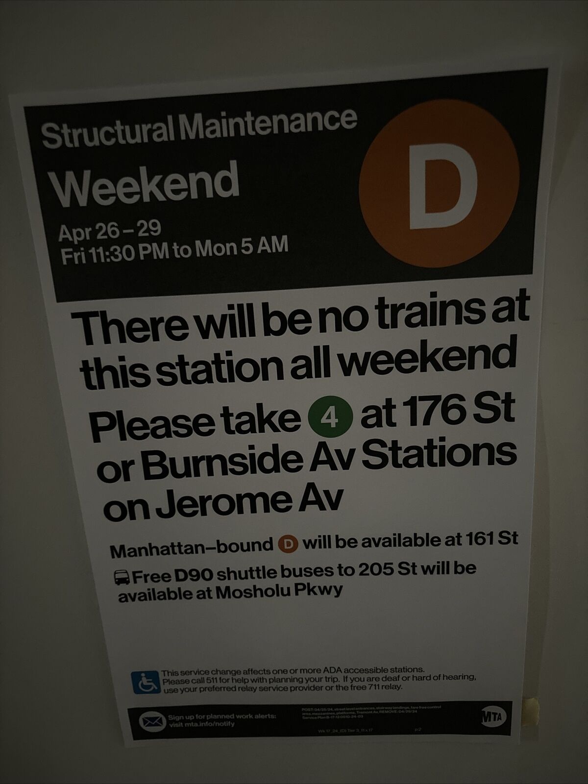 Mta Planned Work Brochure Sign NYC Subway NYCT D Train 