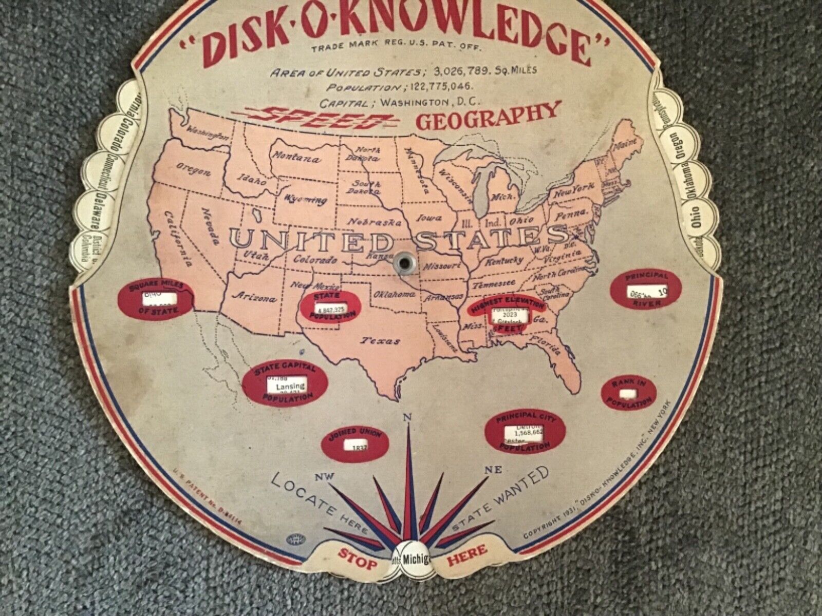 Antique 1931 DISK~O~KNOWLEDGE Speed Geography Spin Wheel Learn The States Lesson