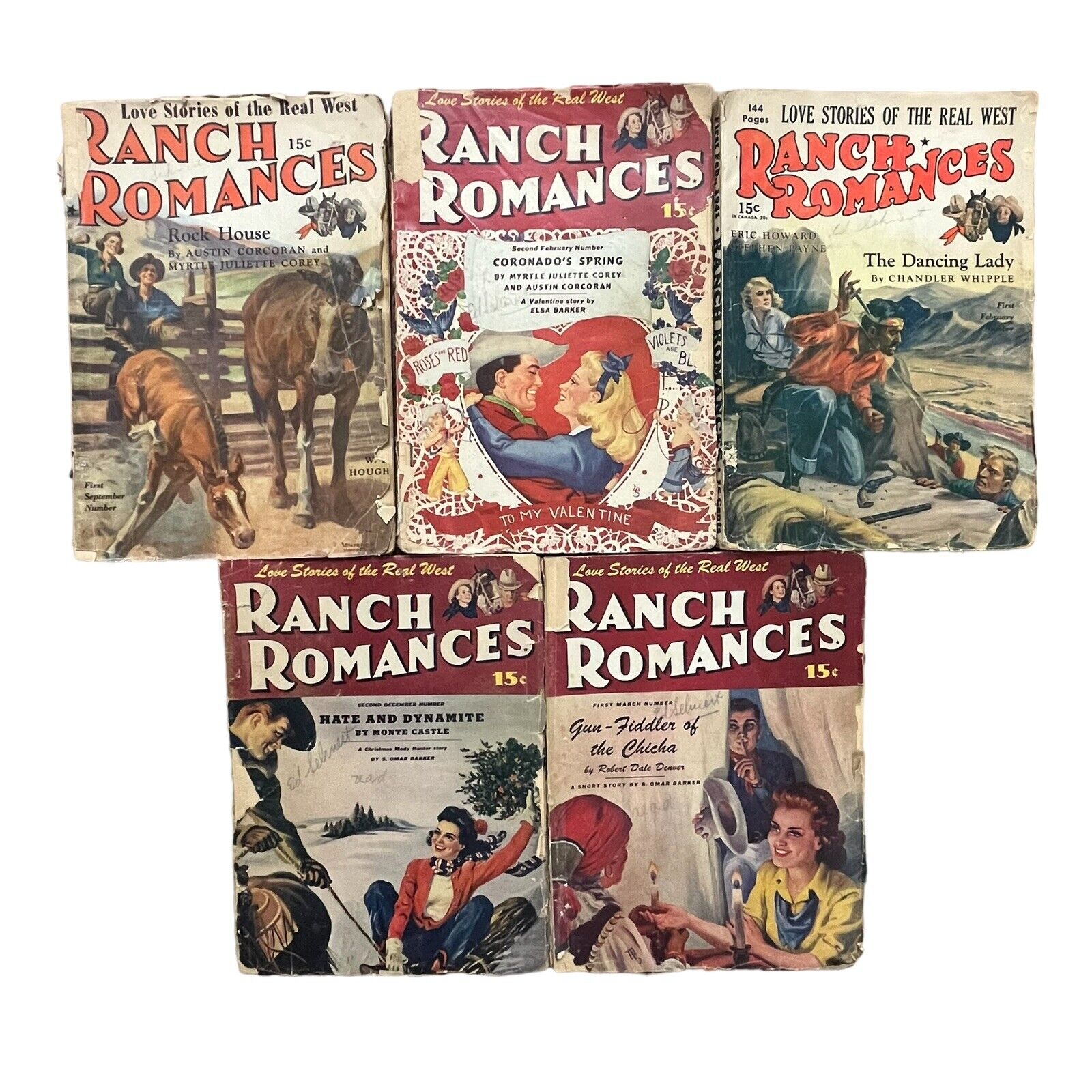 RANCH ROMANCES 5 Issue Pulp Lot 1940’s Warner Pubs Vintage Paperbacks