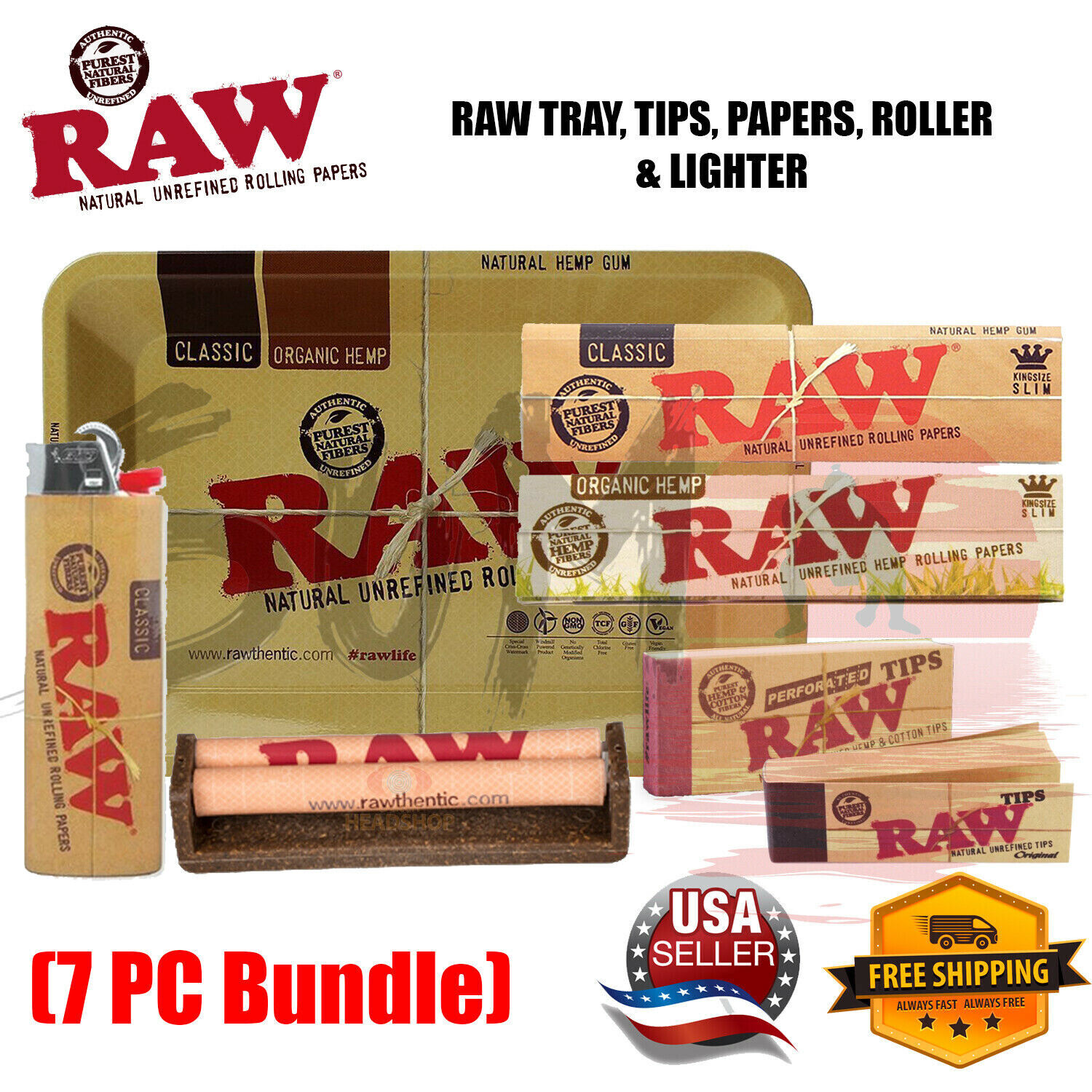 RAW ROLLING BUNDLE TRAY+ KING SIZE CLASSIC & HEMP PAPERS +TIPS +MACHINE +LIGHTER