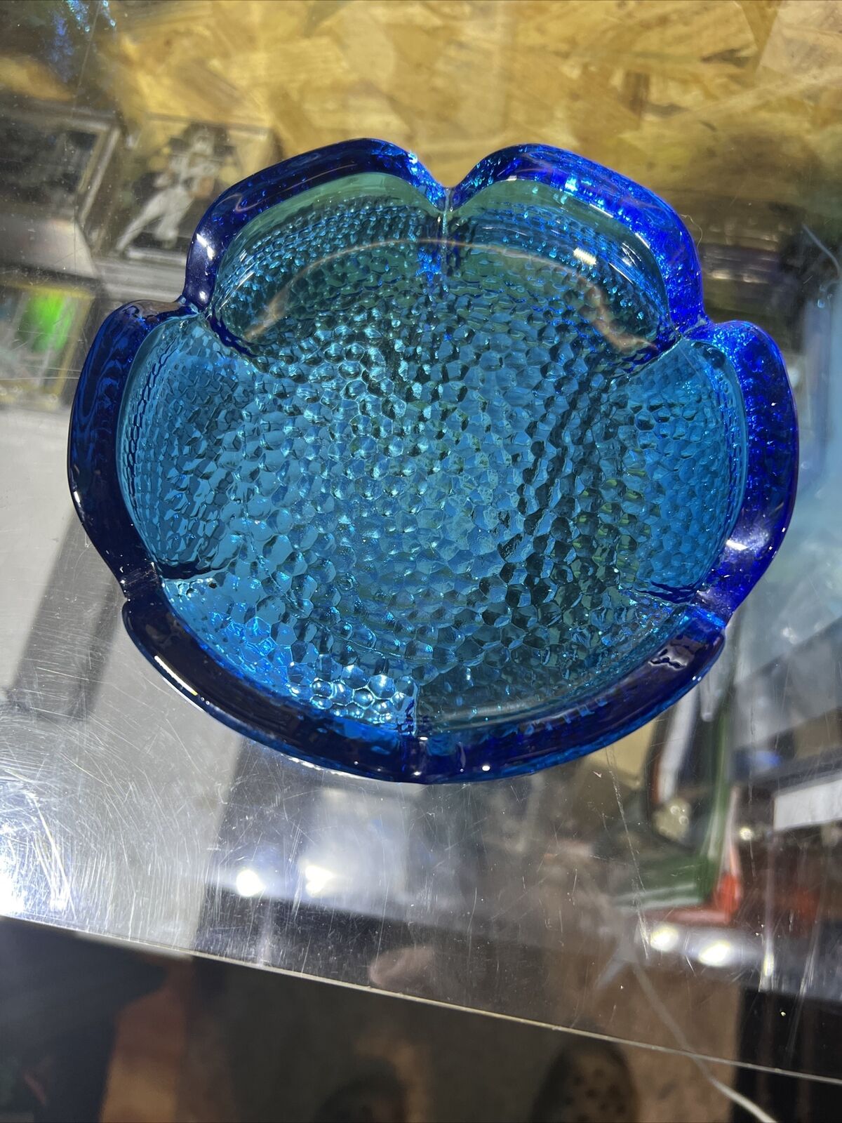 Azure Electric Blue Round Glass Ashtray Pebble Bottom Vintage