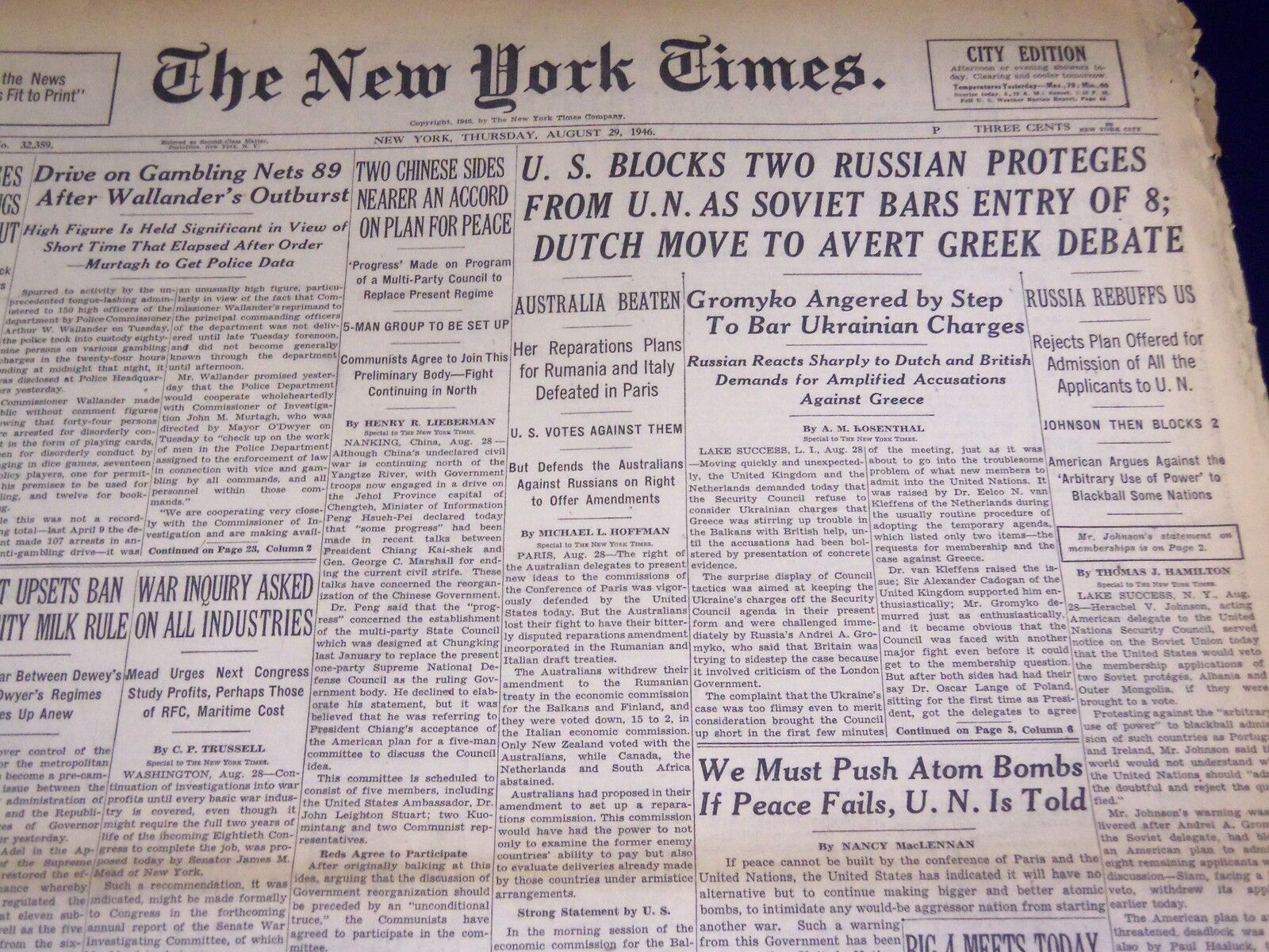 1946 AUG 29 NEW YORK TIMES - U. S. BLOCKS 2 RUSSIAN PROTÉGÉS FROM U. N - NT 2245