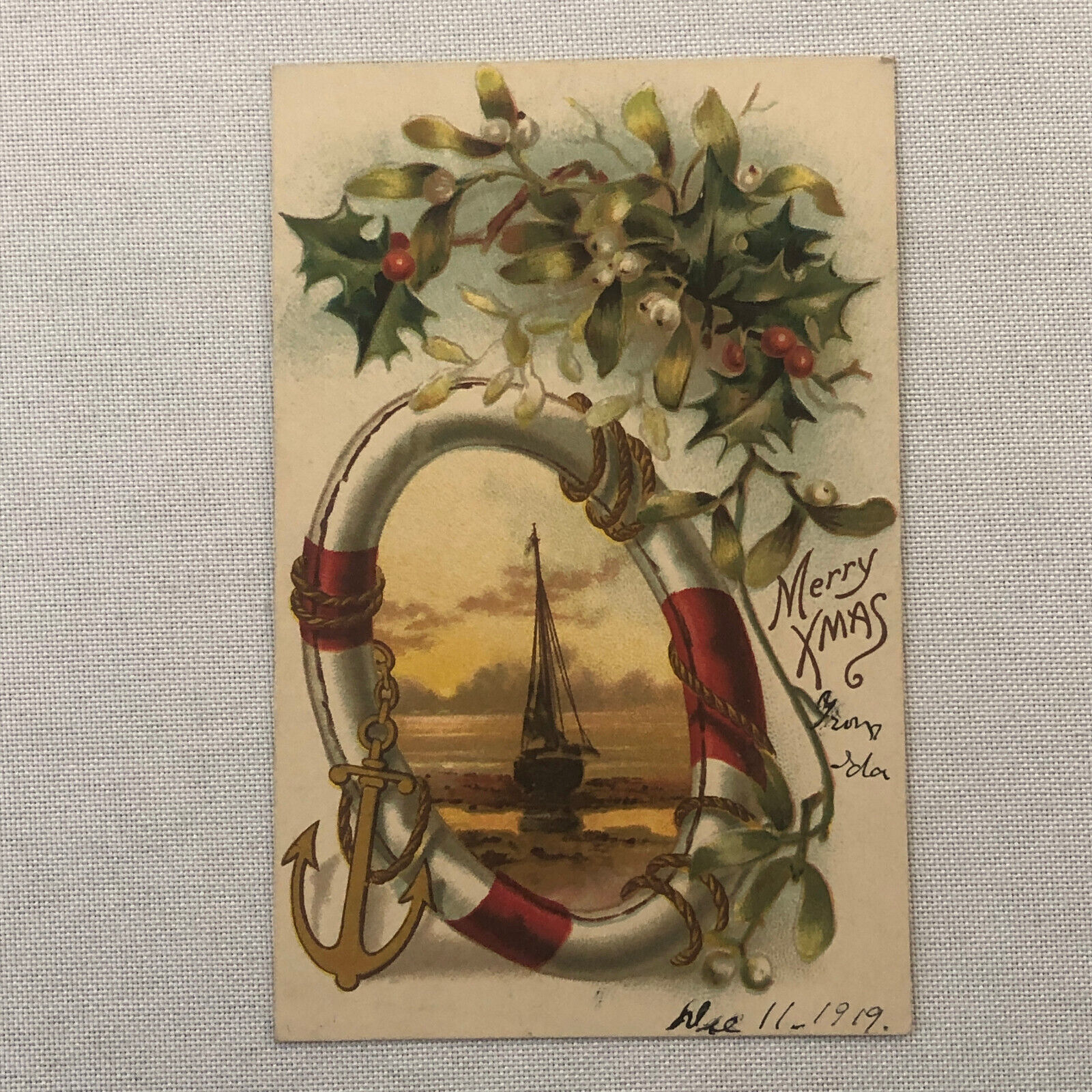 Christmas Postcard Post Card Vintage Embossed Antique 1919