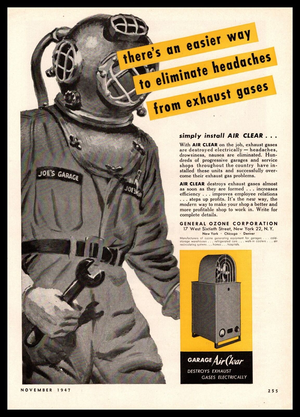1947 General Ozone Corp Garage Air  Clear Deep Sea Diver Helmet Vintage Print Ad