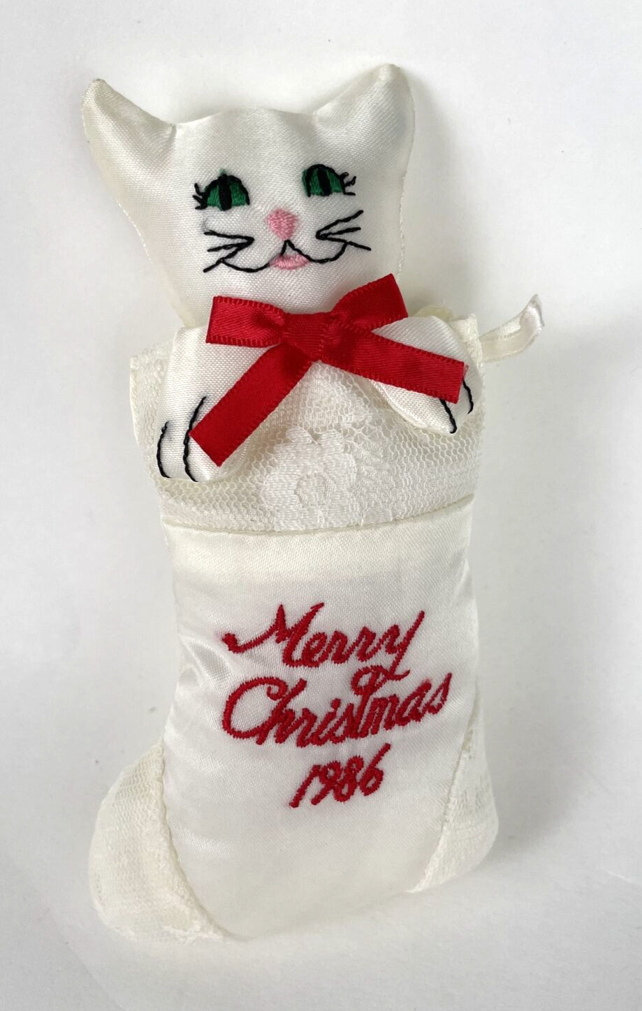 Vintage Fancy Feast 1986 Cat Christmas Ornament  Stocking Embroidered Dated 
