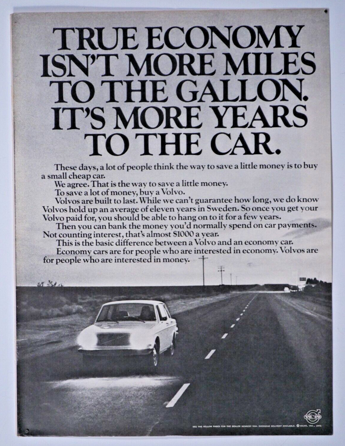 1971 Volvo Sedan Vintage True Economics Original Print Ad 8.5 x 11\