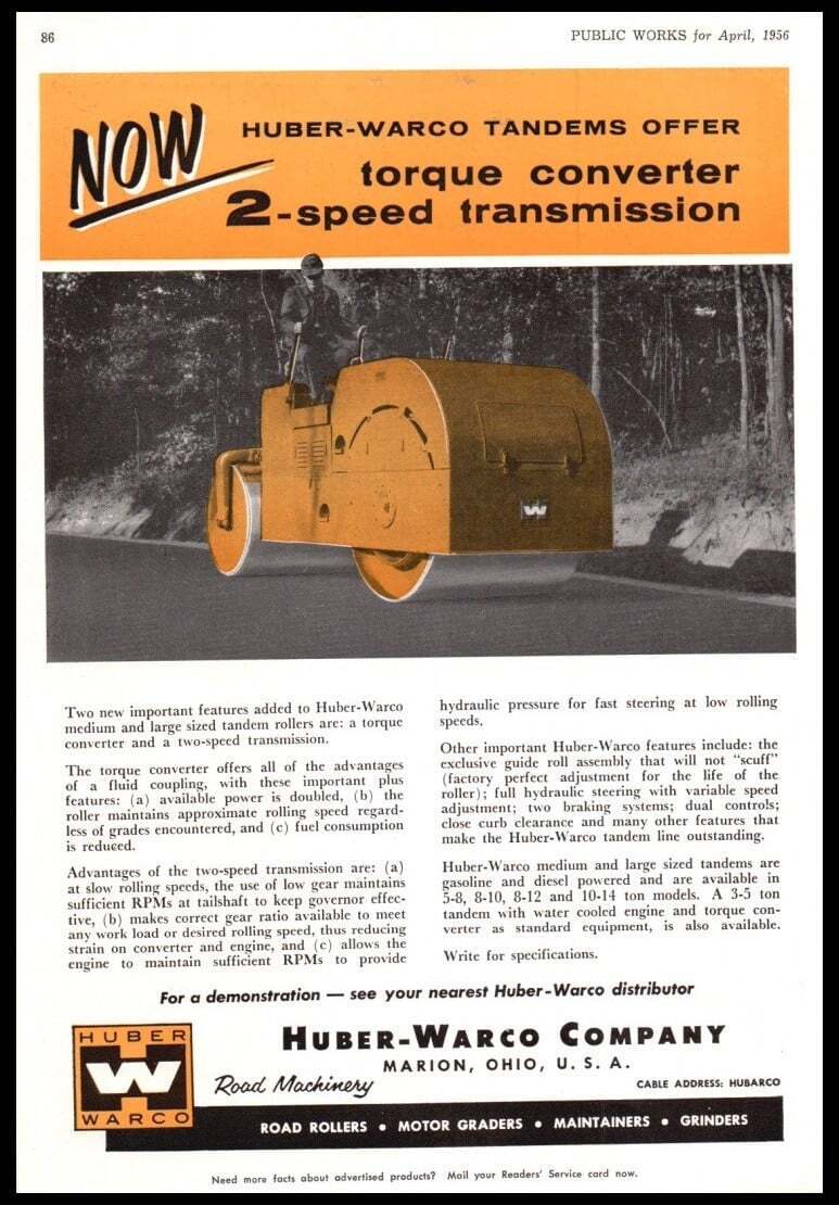 1956 Huber-Warco Tandem Rollers-Marion OH Vintage trade print ad