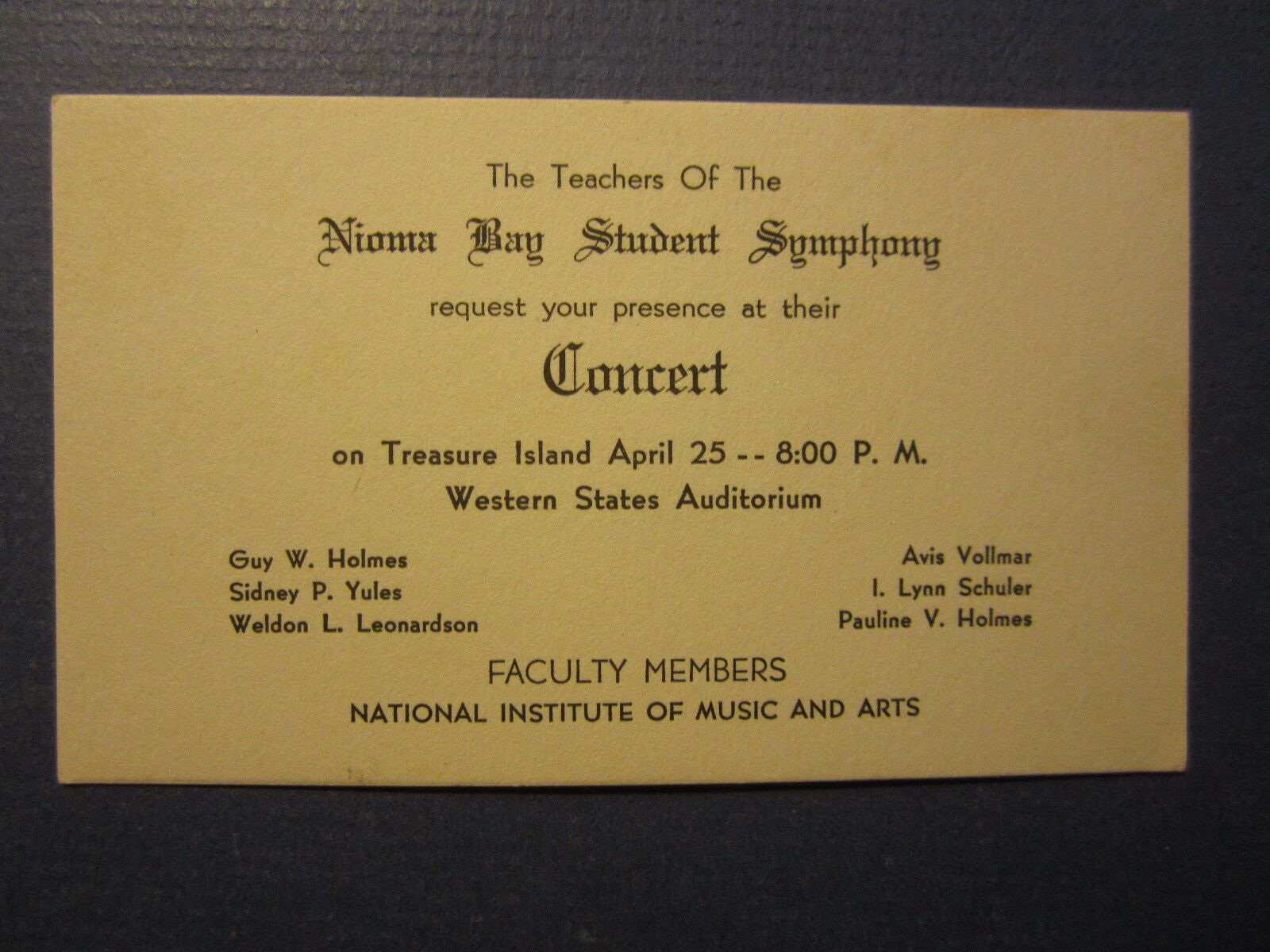 Old NIOMA BAY Concert Card - Treasure Island S.F. NAT INSTITUTE of MUSIC & ARTS 